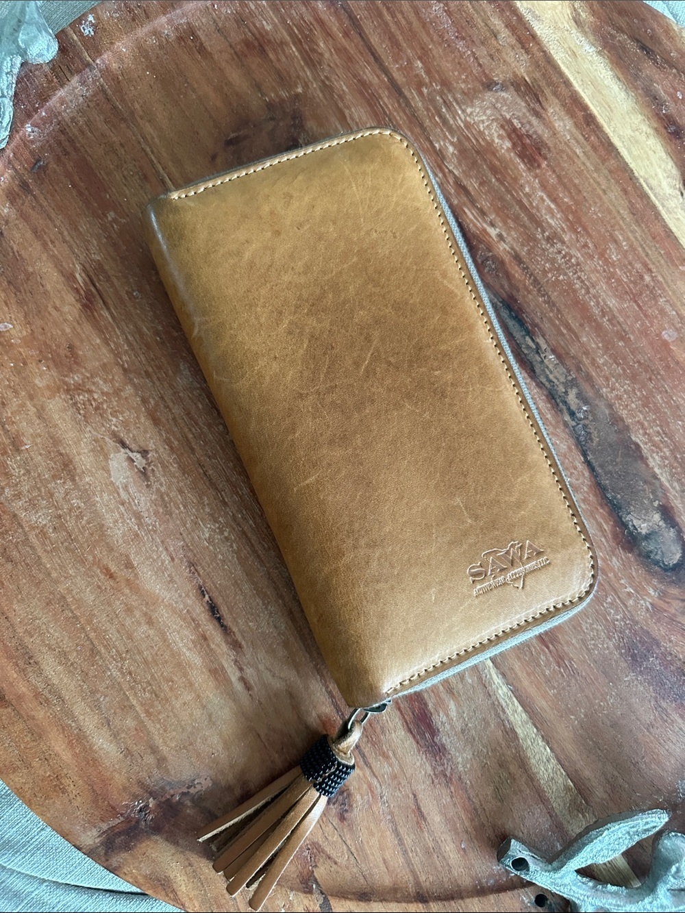 Sawa Tan Zip-Around Leather Wallet with Tassel